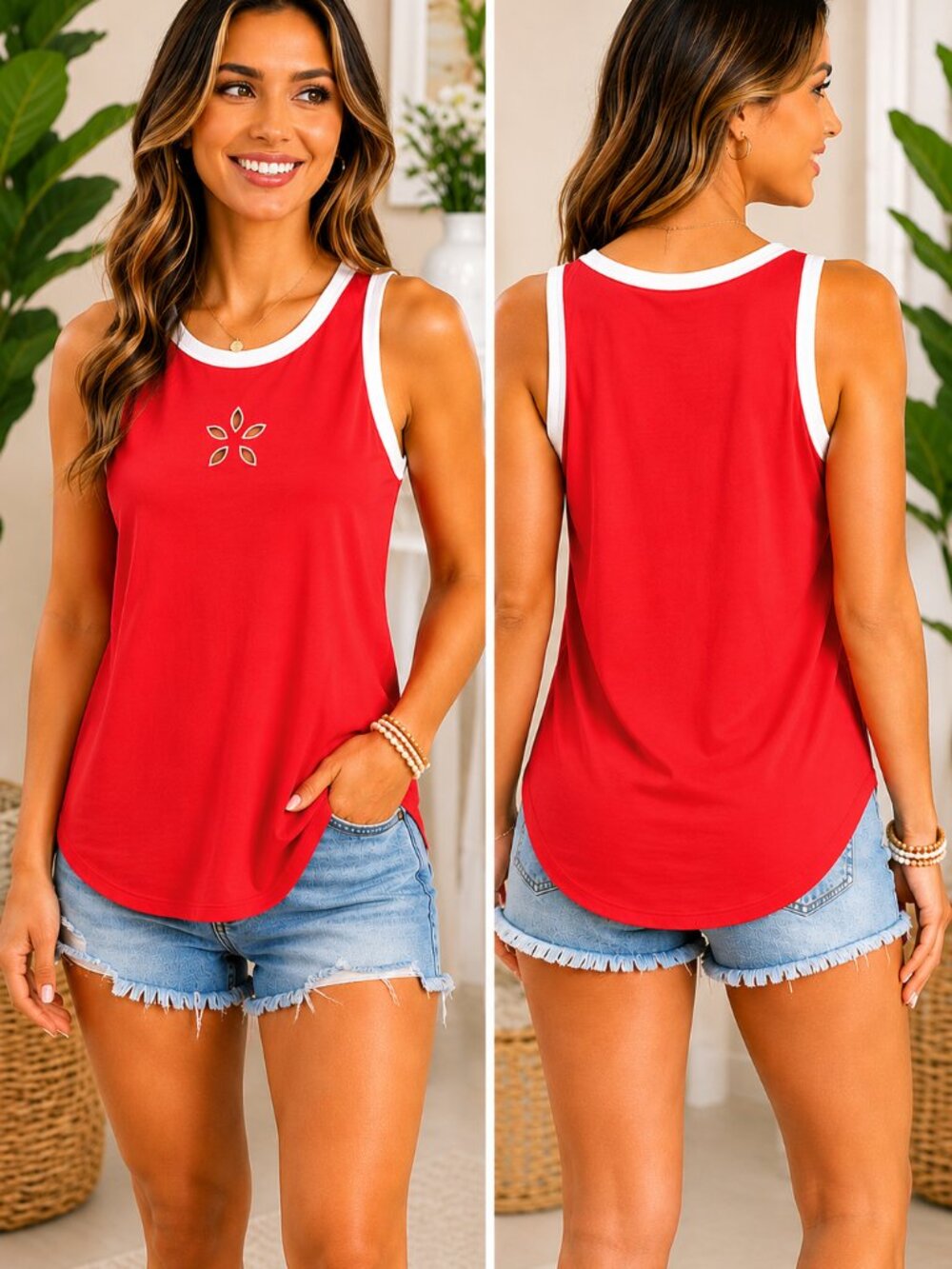 🩷🧡 POL Petal Peek Tangerine Sleeveless Tank Top with Floral Cutout Size S 🧡🩷